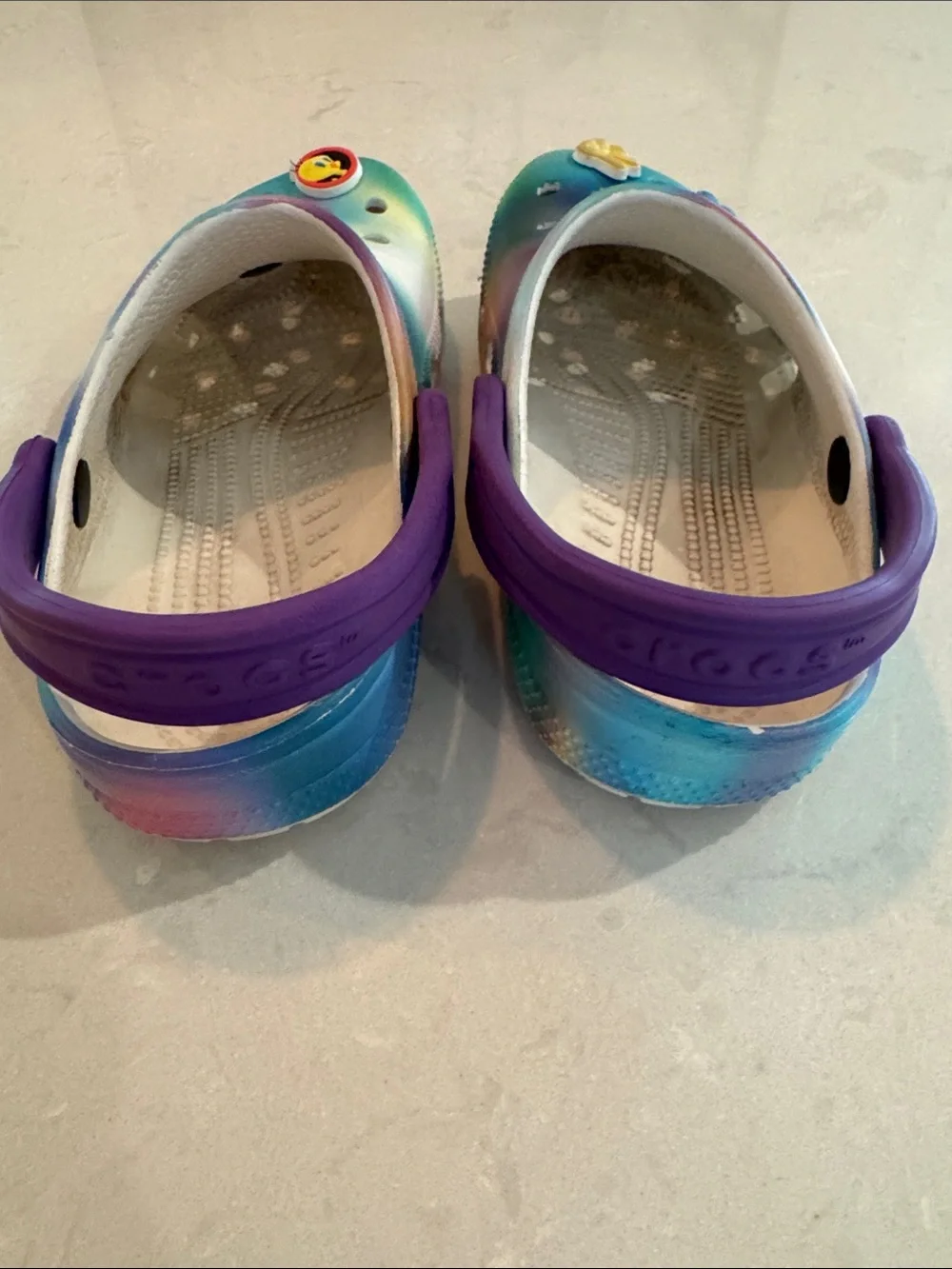 CROCS Classic Kids Tie-Dye Clogs with Purple Heel Strap Size J4